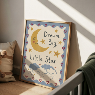 Dream Big Art Print poster with moon, clouds, and raindrops