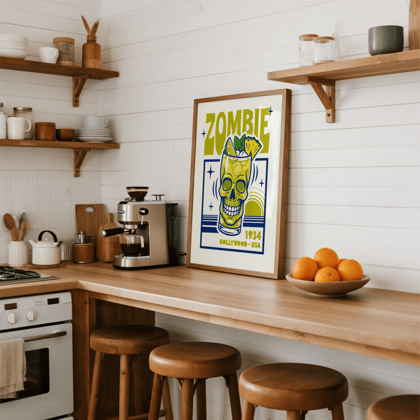 Retro Zombie Cocktail Art Print in green and blue for a kitchen poster