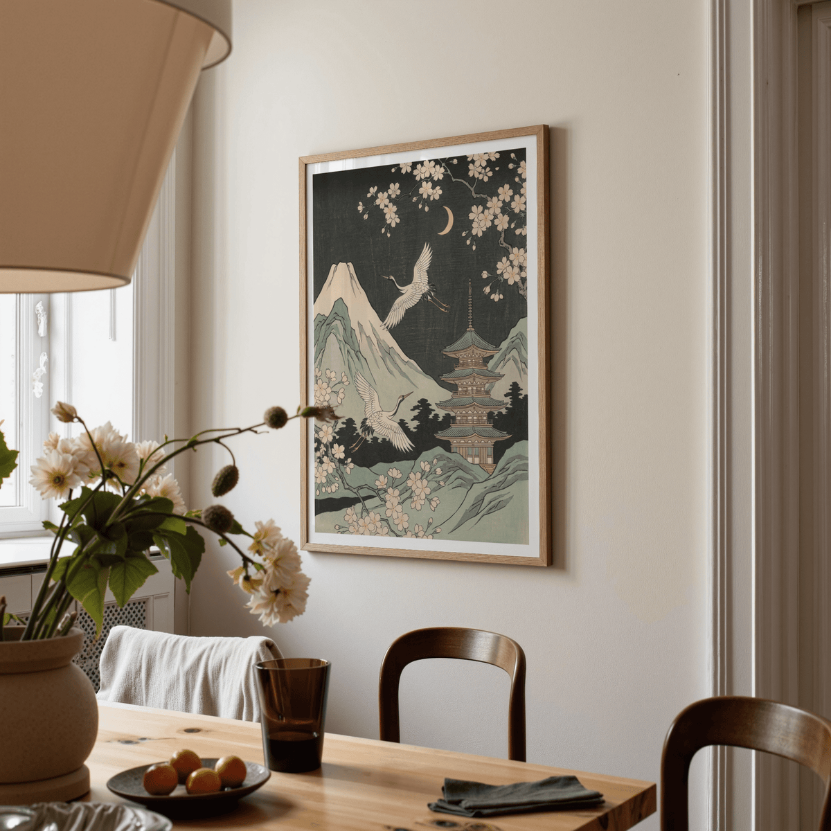 Crane Japanese Art poster with Beige and Black, ideal for hallway