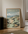 Depicting Shinnecock Hills Golf Art Print poster art with flag on green and rolling dunes near the water