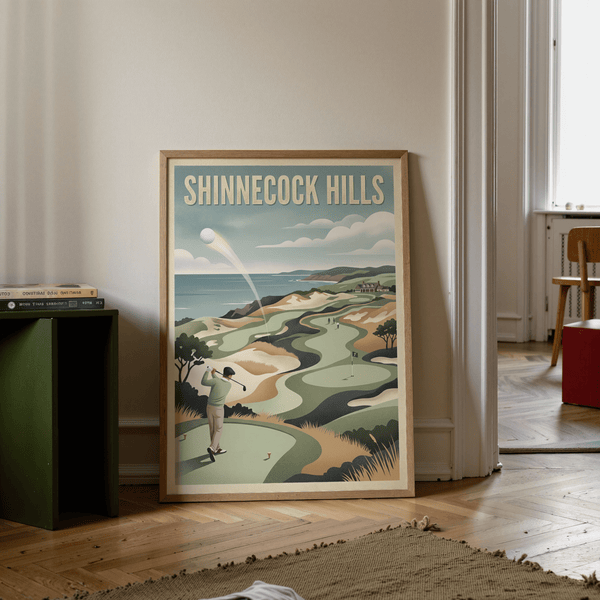 Depicting Shinnecock Hills Golf Art Print poster art with flag on green and rolling dunes near the water