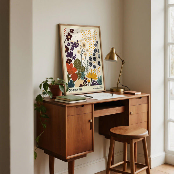 Cream background poster with layered wildflowers in flower prints art style.