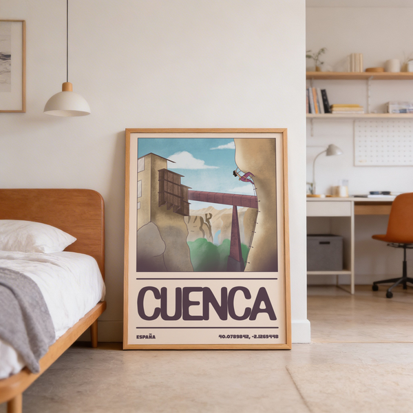 Minimal graphic print showing a climber on bolts beside a tall rock wall poster