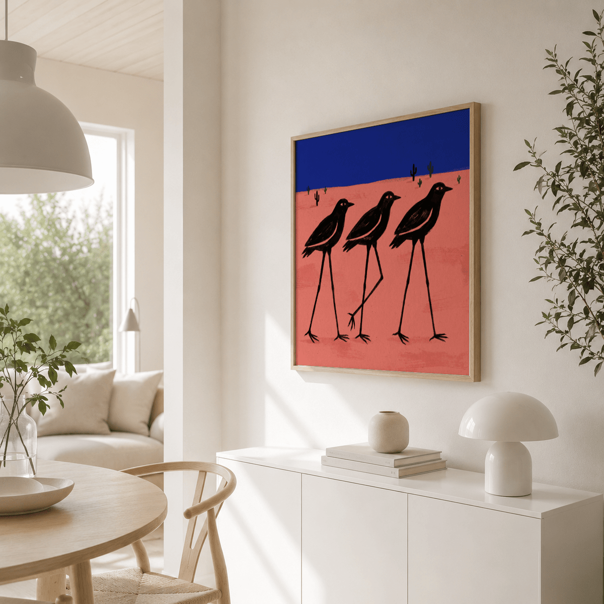 Graphic bird silhouette artwork with repeating trio and simple cactus shapes