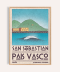 Pais Vasco Print showing stylized San Sebastian bay, curling wave, and hillside buildings