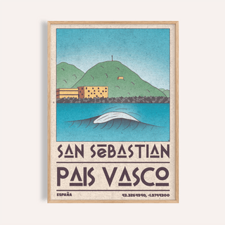 Pais Vasco Print showing stylized San Sebastian bay, curling wave, and hillside buildings
