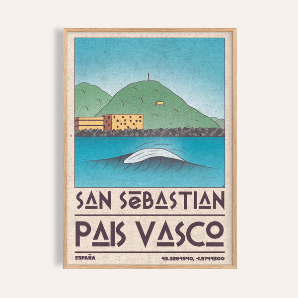 Pais Vasco Print showing stylized San Sebastian bay, curling wave, and hillside buildings