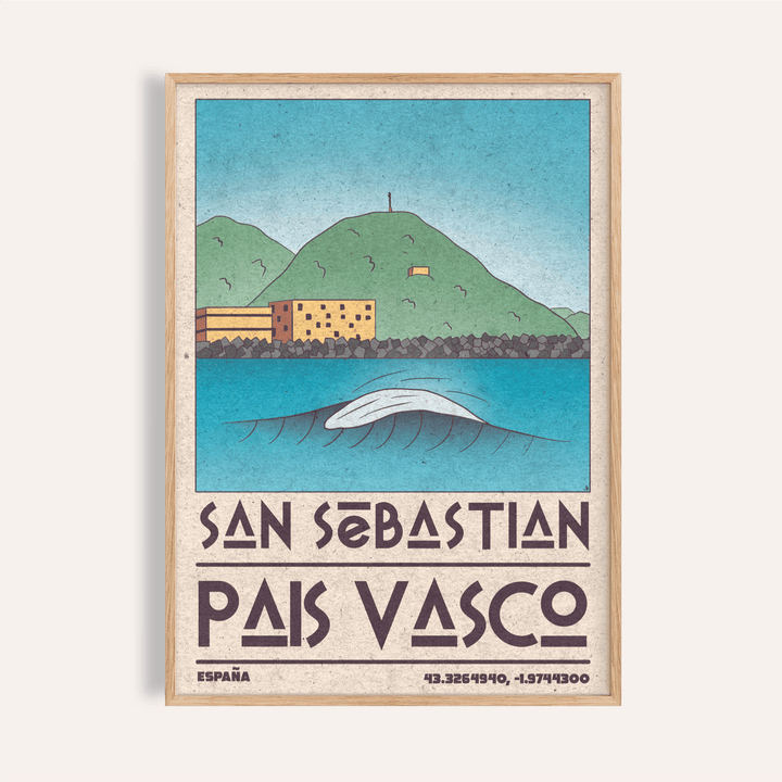 Pais Vasco Print showing stylized San Sebastian bay, curling wave, and hillside buildings