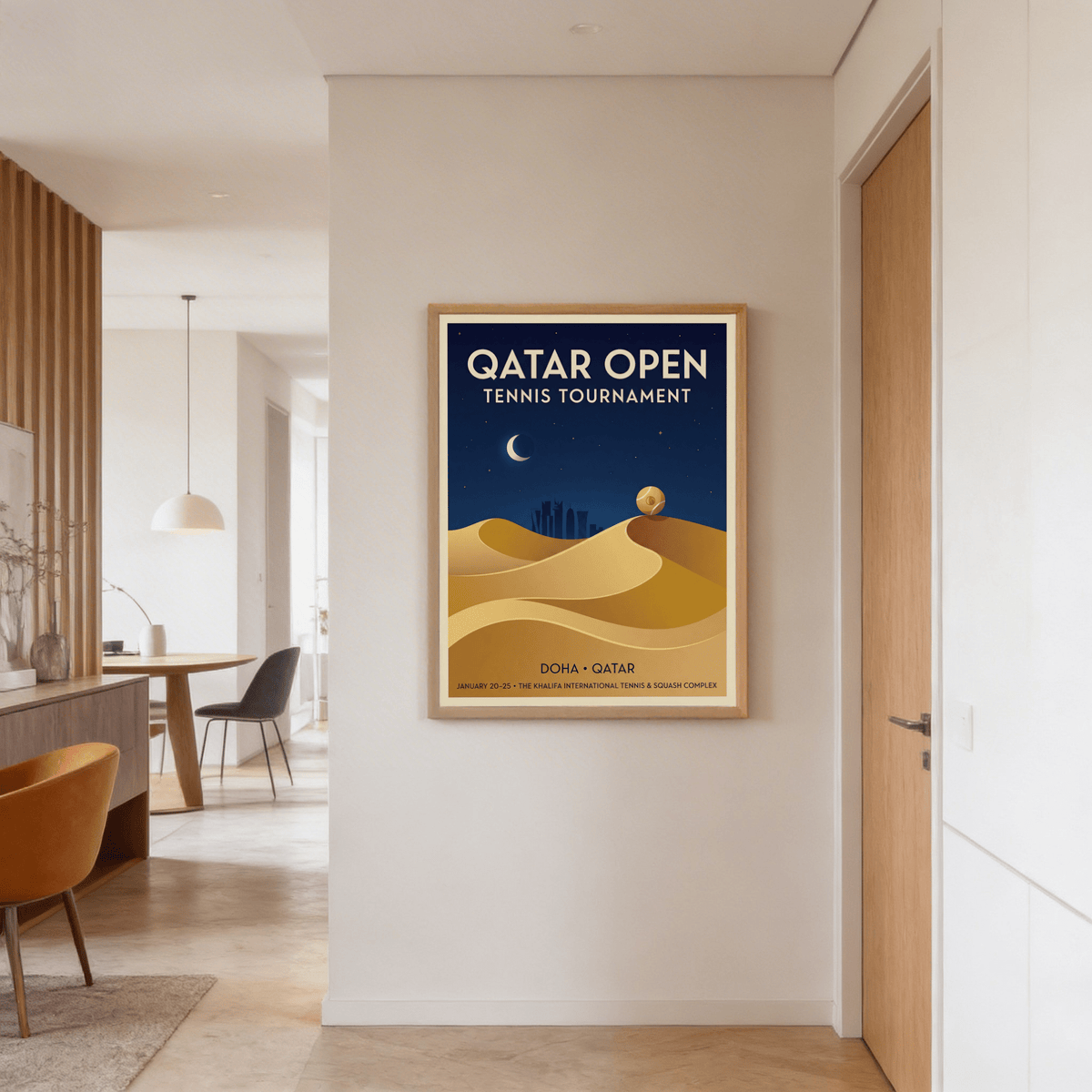 Starry night sports illustration displaying simplified Doha skyline under desert sky