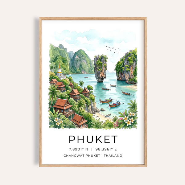Watercolor Phuket Art Print poster with limestone islands and boats