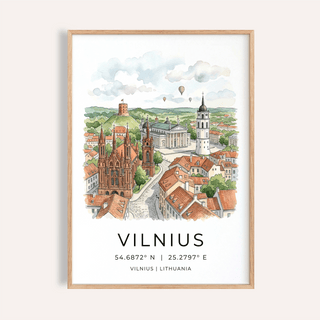Vilnius City Print showing a watercolour illustration of a cityscape with hot air balloons
