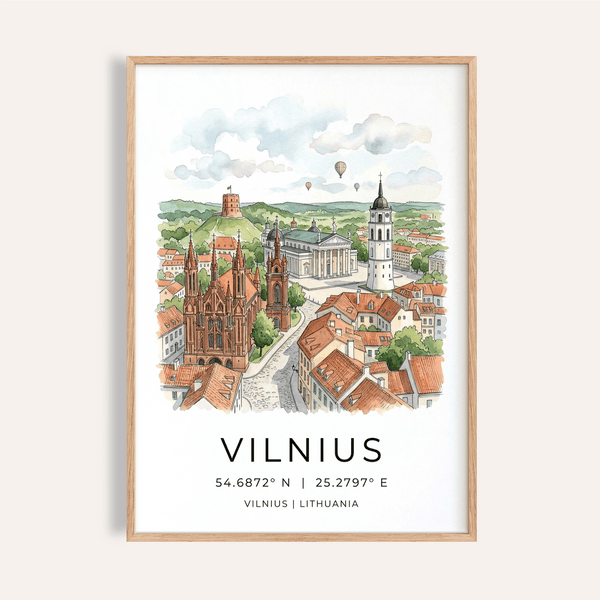 Vilnius City Print illustrating Old Town rooftops, cathedral tower, and balloons