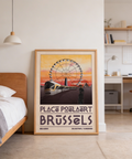Retro travel poster illustration of Brussels skyline with giant observation wheel