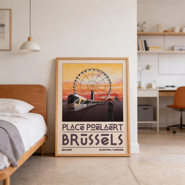 Retro travel poster illustration of Brussels skyline with giant observation wheel