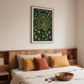 Detailed nature print showing peacock feathers and garden blooms