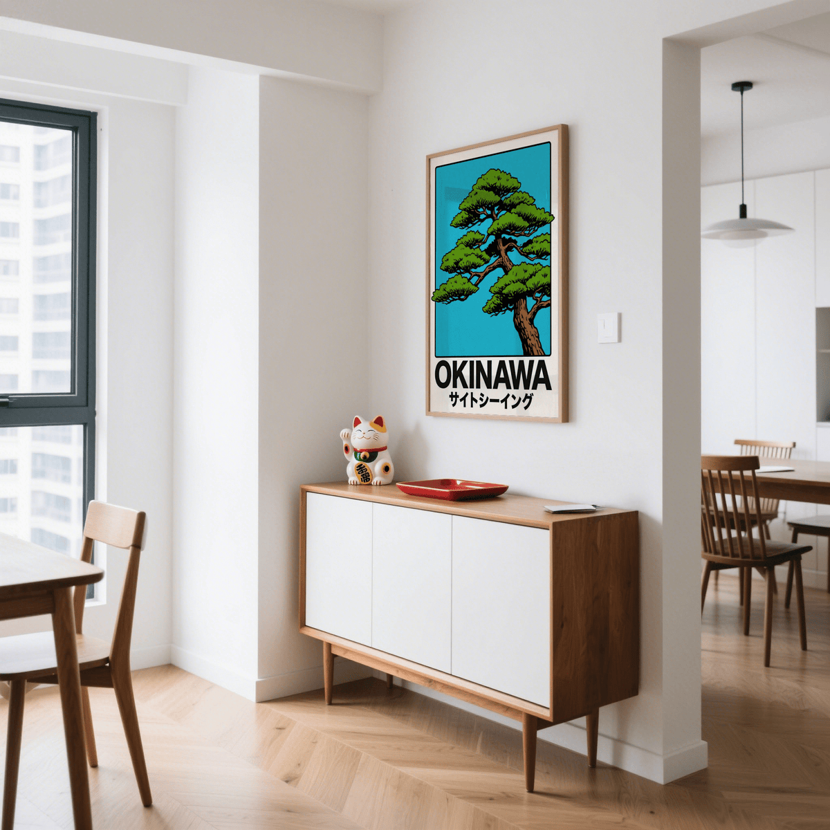 Japanese Tree Print with Blue, Red, and White as wall art for study