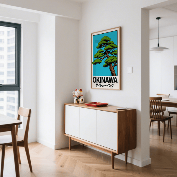 Japanese Tree Print with Blue, Red, and White as wall art for study