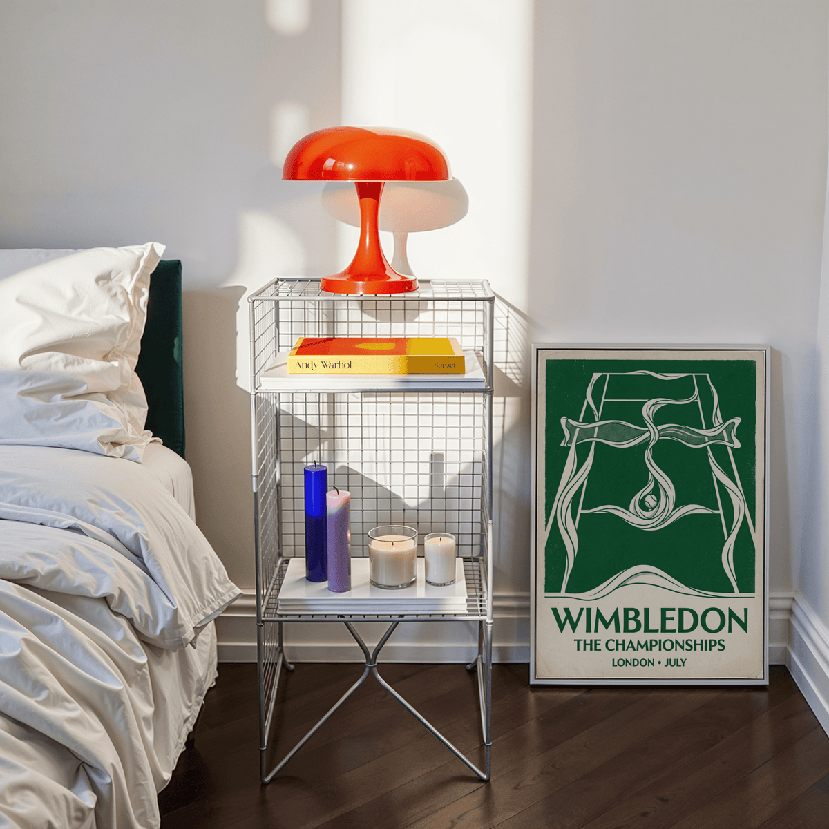 Wimbledon Tennis Poster design with simplified court layout and looping ribbon illustration