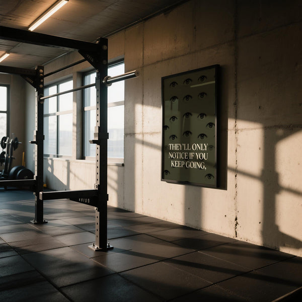 Dark aesthetic gym artwork featuring motivational message and illustrated gaze