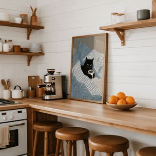 Blue and white Cat In Bed Poster, living room art print with black cat