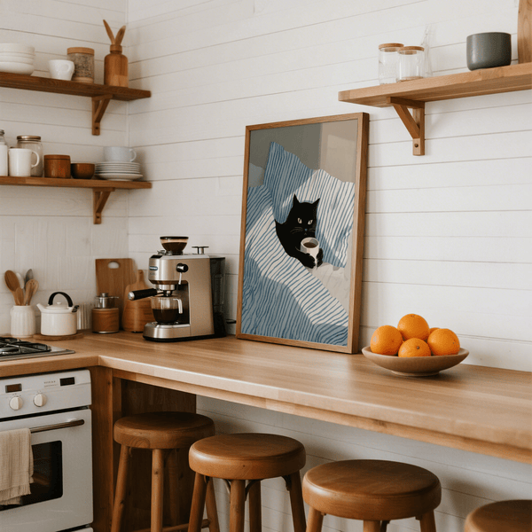 Blue and white Cat In Bed Poster, living room art print with black cat