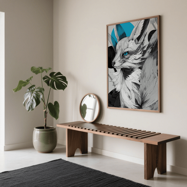 Japanese Fox Print poster with Gray background for hallway wall art