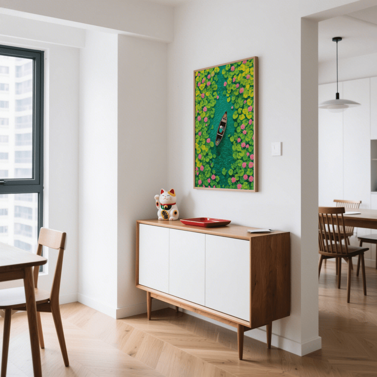 Colorful Water Lily Poster with boat and lily pads, ideal dining room wall art