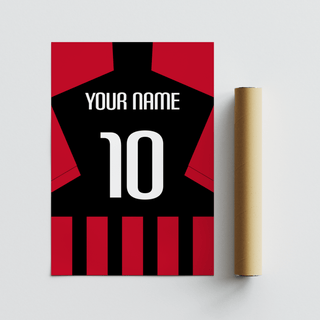 Jersey silhouette poster with bold black body and red sleeve panels