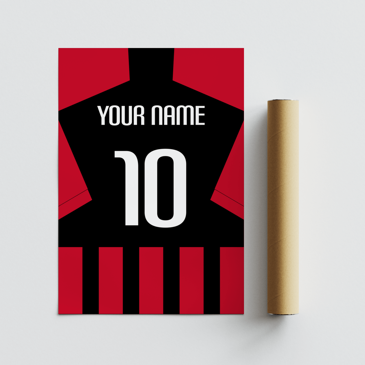 Jersey silhouette poster with bold black body and red sleeve panels