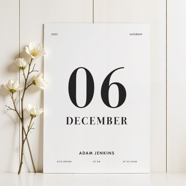 Modern Born This Day Custom poster with Black and White for family room wall