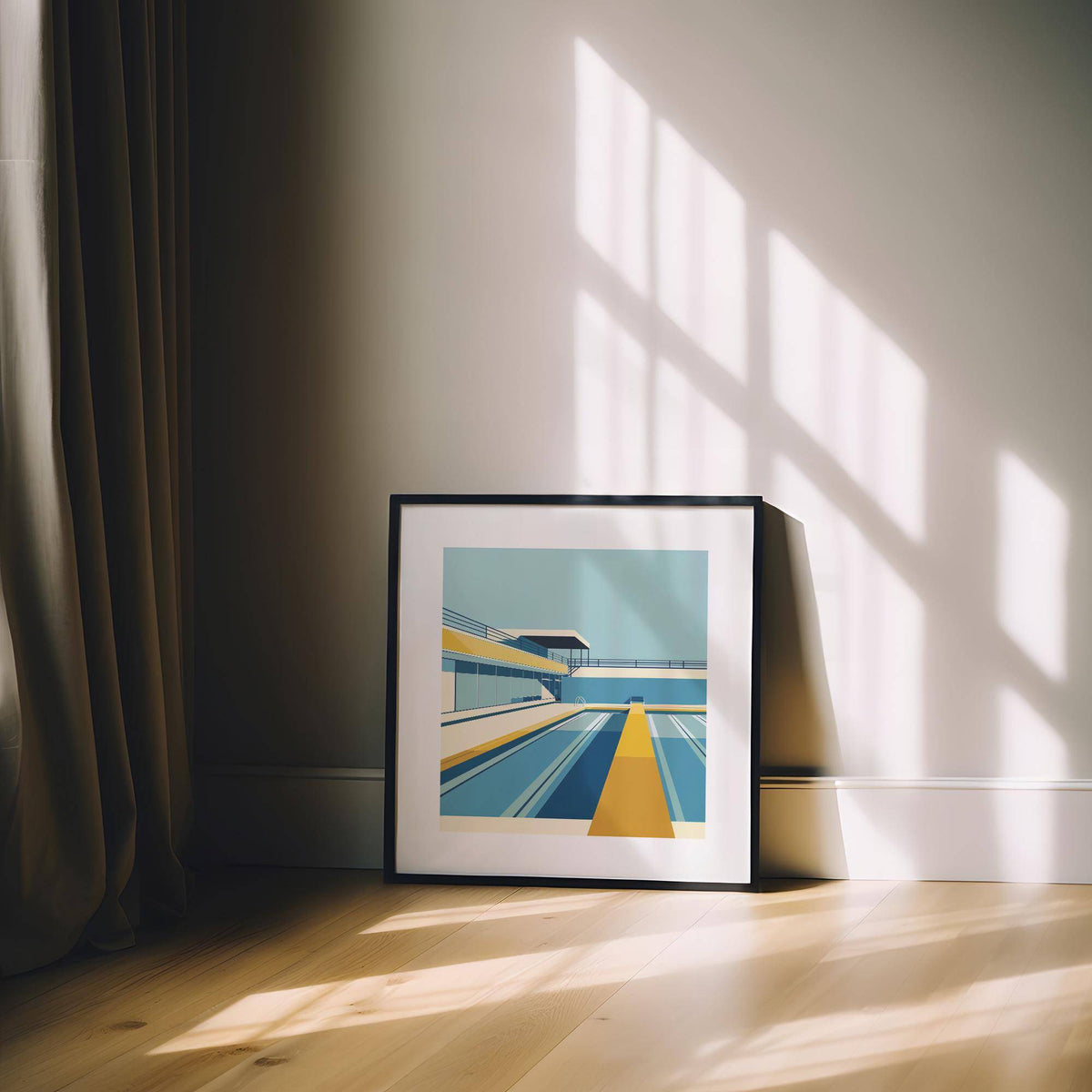 Blue and yellow Bauhaus pool print for minimalist home styling