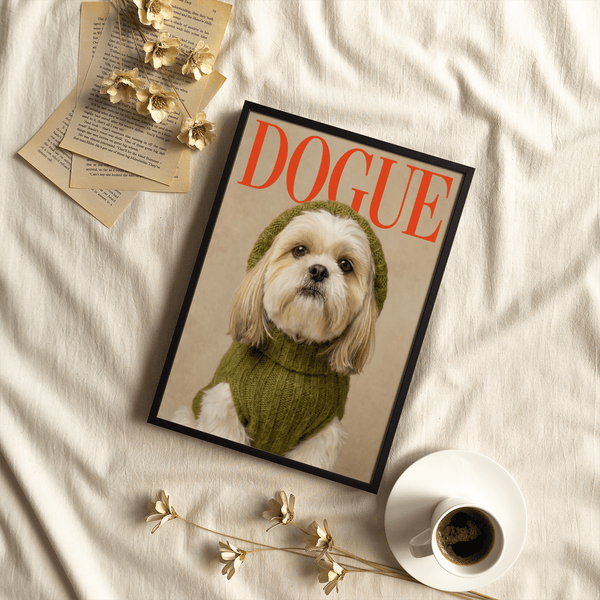 Shih Tzu Wall Print wall art with Green sweater and Beige background for hallway