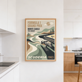 Formula 1 Grand Prix Art Print with bold title text, sweeping corner composition, and scenic hills backdrop