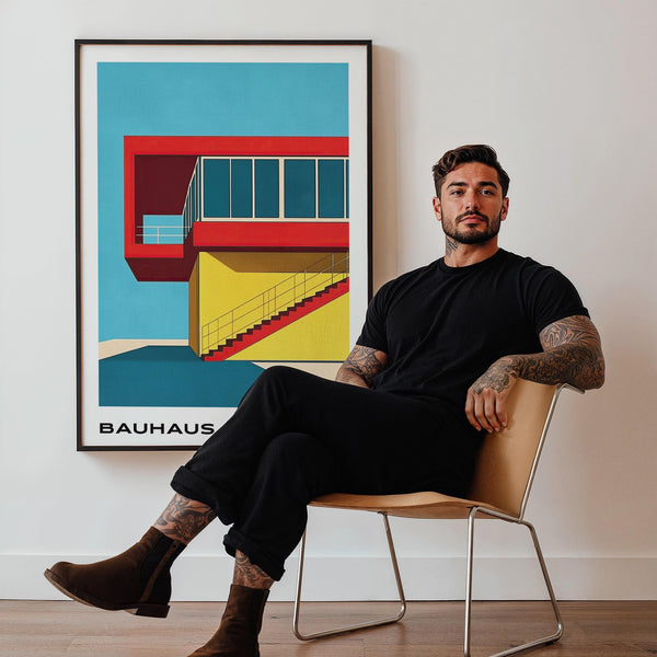 A minimalist poster print in red, yellow, and blue—true to art mid century modern roots.