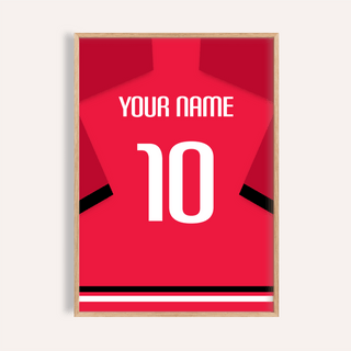 Football Shirt Poster in Red with Black Sleeve Stripe and White Number
