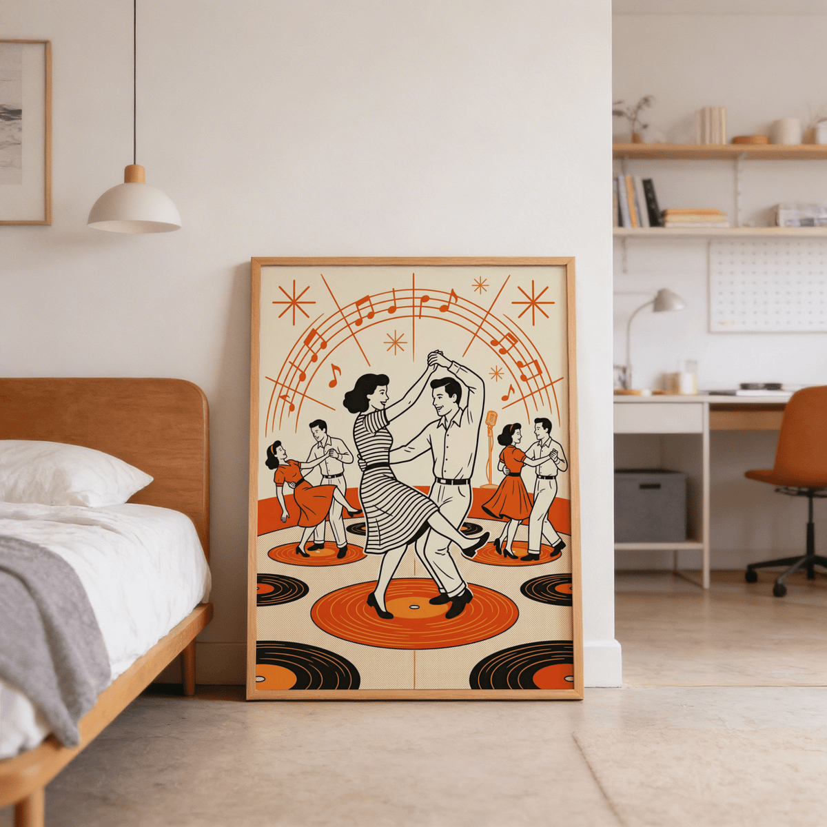 Mid-century inspired dance print featuring microphone stand and multiple couples