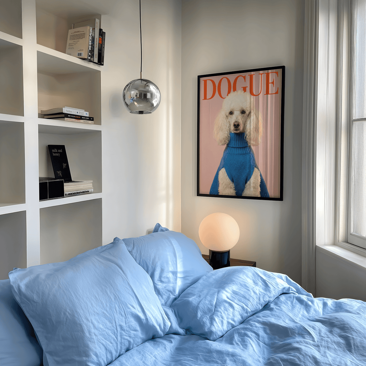 Dogue Poodle Print, main colors pink, blue, and red for foyer art print