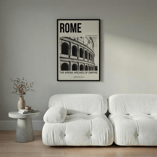 Large ROME headline poster print with Colosseum facade photo and bottom caption line