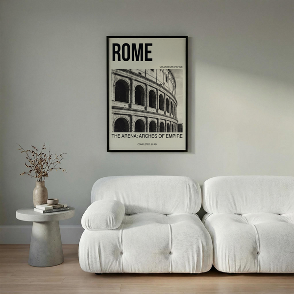 Large ROME headline poster print with Colosseum facade photo and bottom caption line