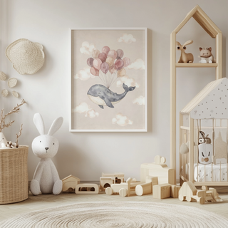 Gentle whale poster with thin balloon strings and airy negative space