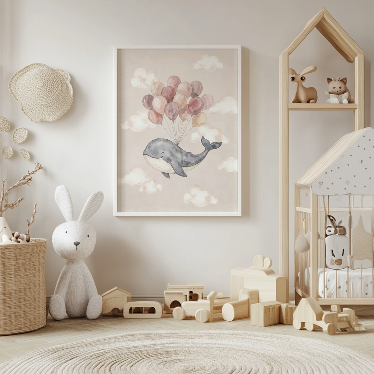 Gentle whale poster with thin balloon strings and airy negative space