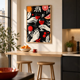 Celebration Wall Art, framed on the wall of a crisp kitchen in a city flat with flat-front black cabinets and a warm white wall