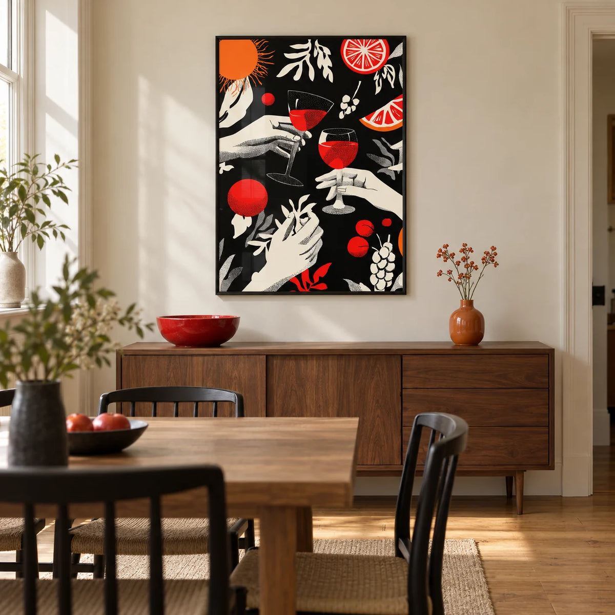 Celebration Wall Art, framed on the wall of a modern dining room in a UK terrace with warm cream walls and oak floorboards