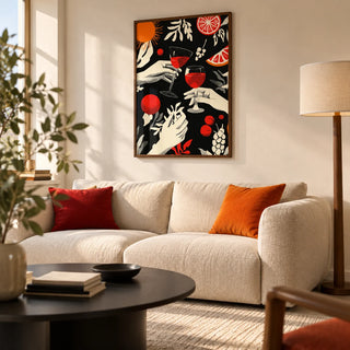 Celebration Wall Art, framed on the wall of a modern living room in a young couple's UK flat with a warm white wall and a plain pale floor