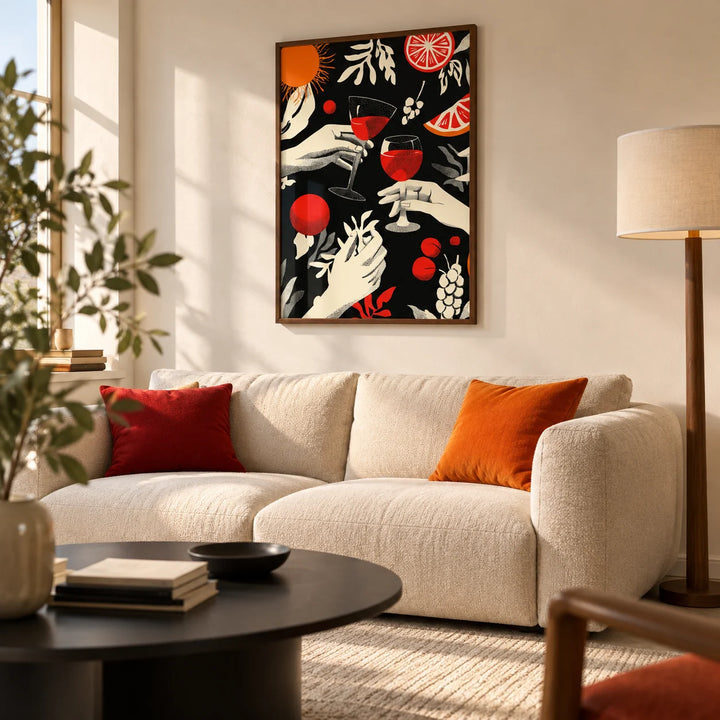 Celebration Wall Art, framed on the wall of a modern living room in a young couple's UK flat with a warm white wall and a plain pale floor