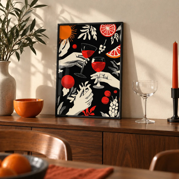 Celebration Wall Art, a small A4 framed print leaning on a walnut sideboard in a dining room