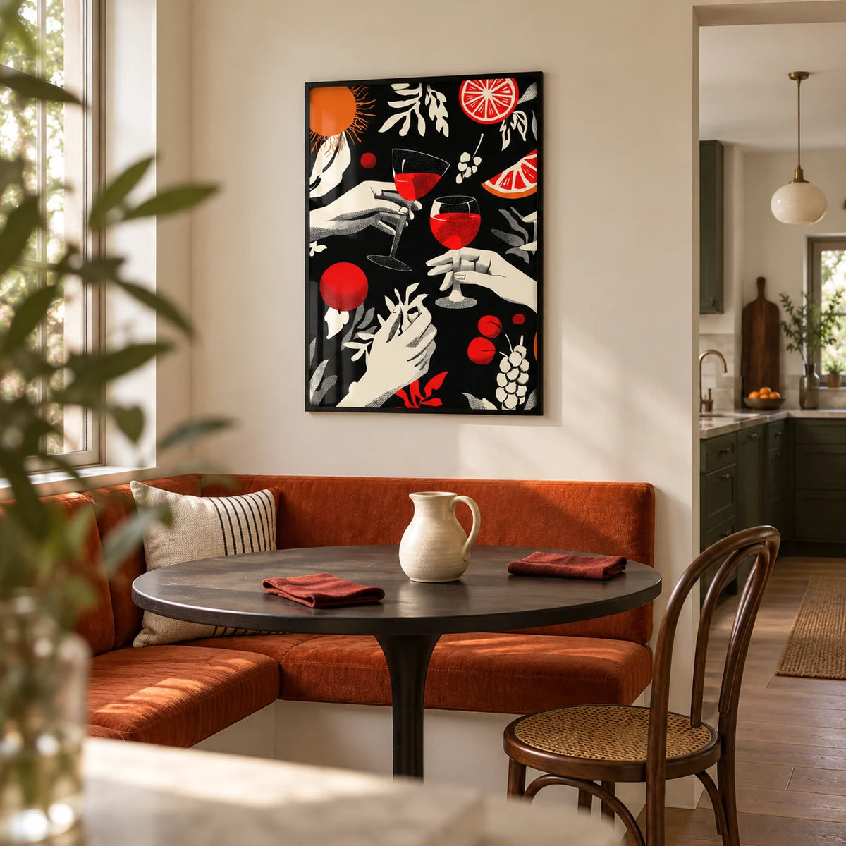Celebration Wall Art, framed on the wall of a small open-plan dining nook in a renovated UK home with a pale cream wall