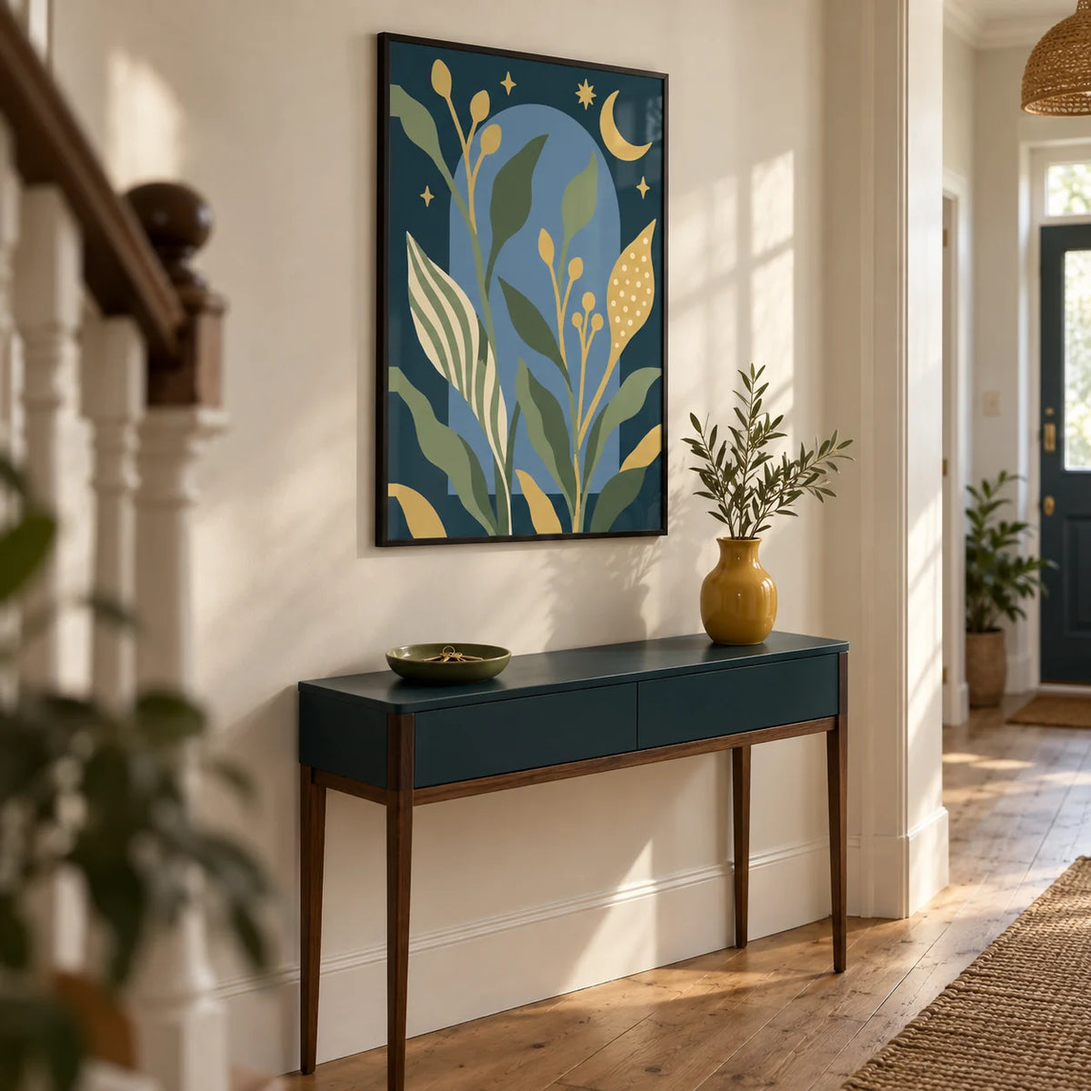 Celestial Wall Art, framed on the wall of a design-led hallway in a UK terraced house with warm white walls and a plain timber floor
