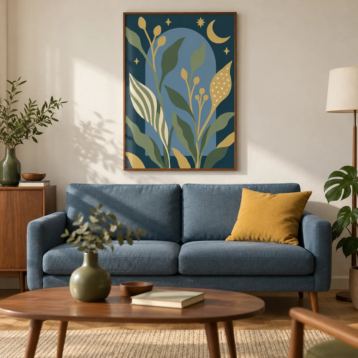 Celestial Wall Art, framed on the wall of a mid-century living room in a UK flat with warm white walls and an oak floor