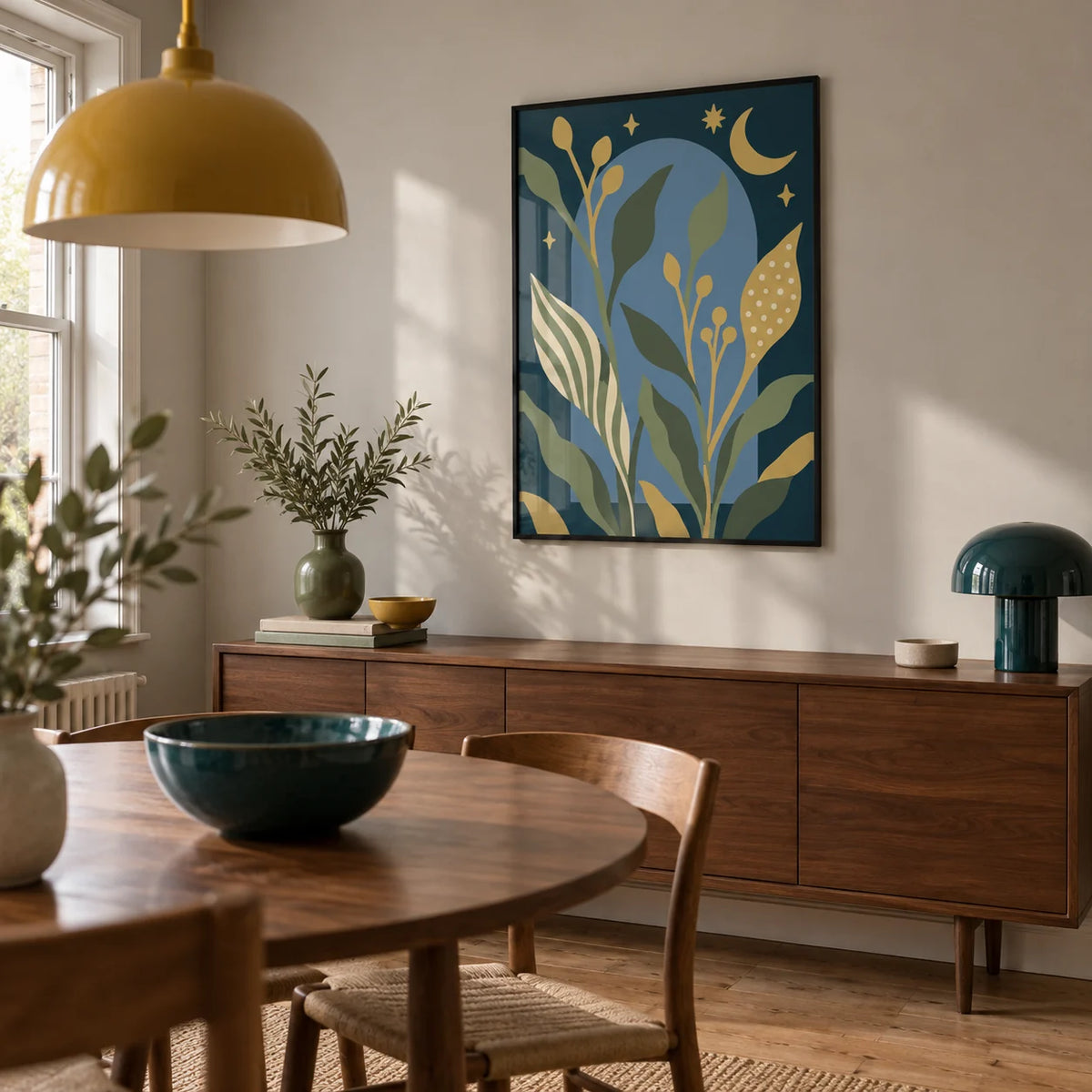 Celestial Wall Art, framed on the wall of a modern dining room in a UK terraced house with a pale warm grey wall